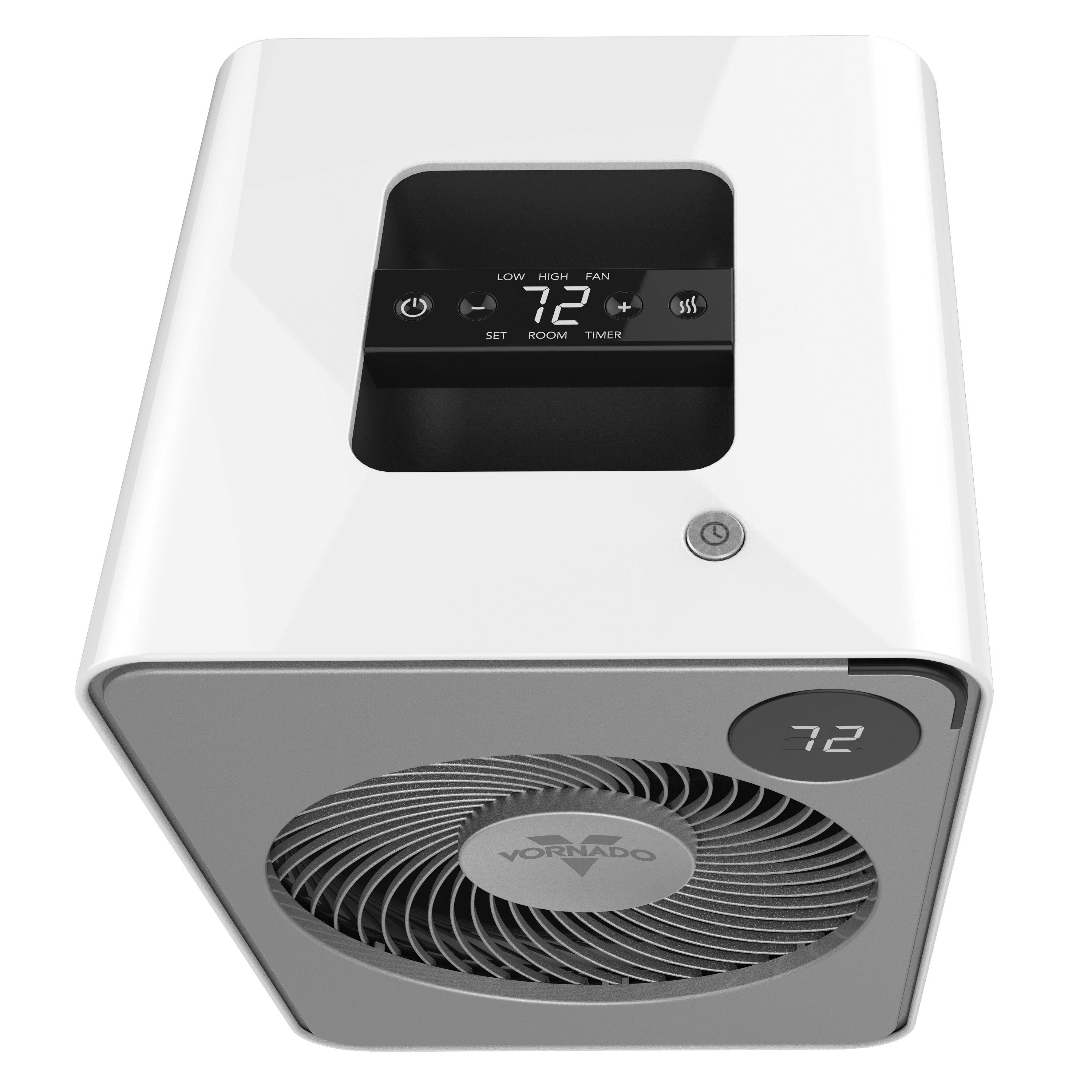 White and gray space heater with digital display on a white background
