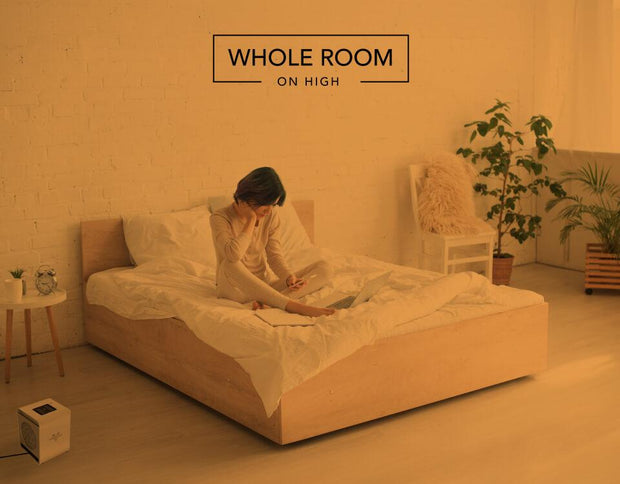 Woman reading on her bed with the VMHi500 heater on the floor. There is an orange overlay to indicate whole room heat for a small room on high.
