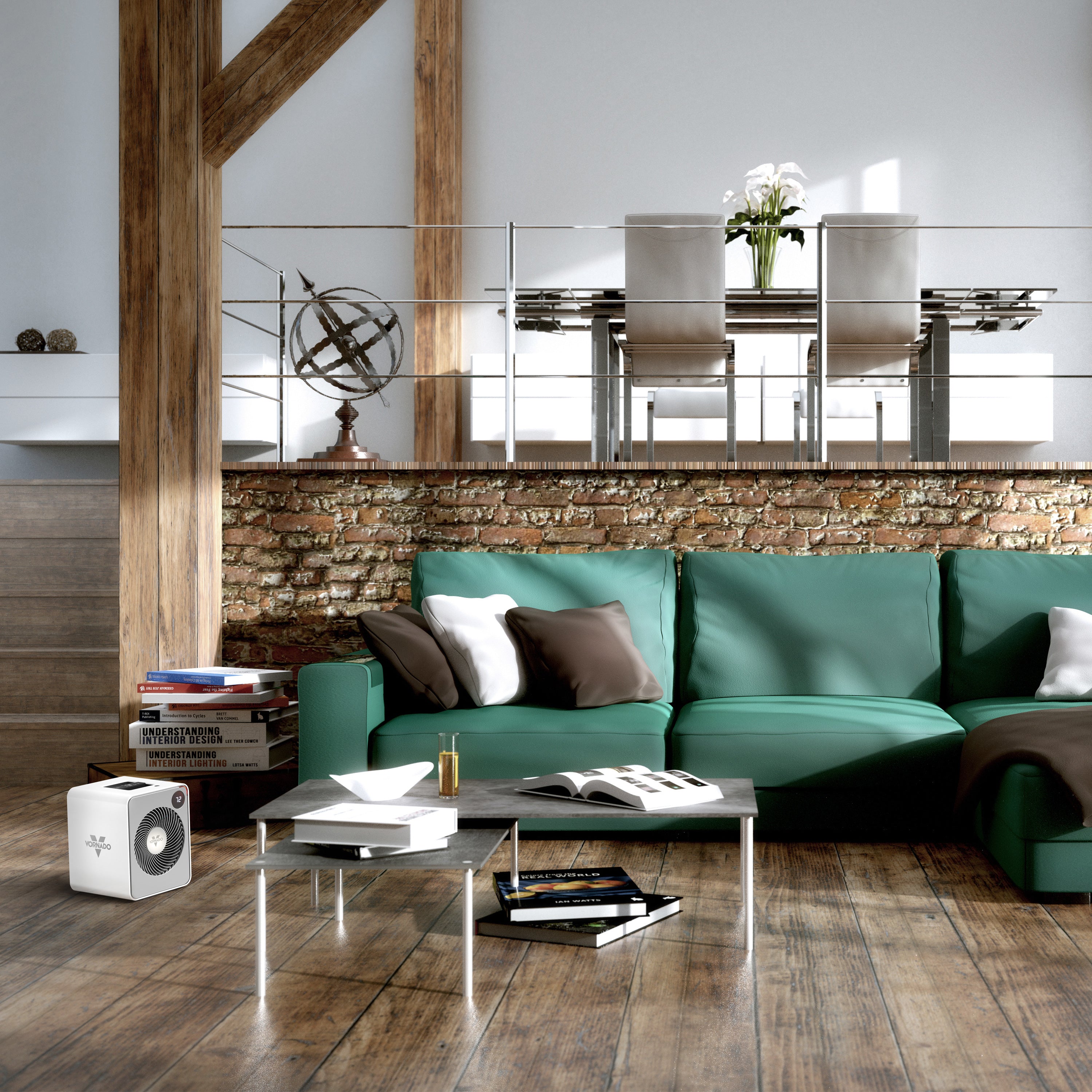 VMHI500 in a living room with a green couch and coffee table, books, and a loft area above the heater
