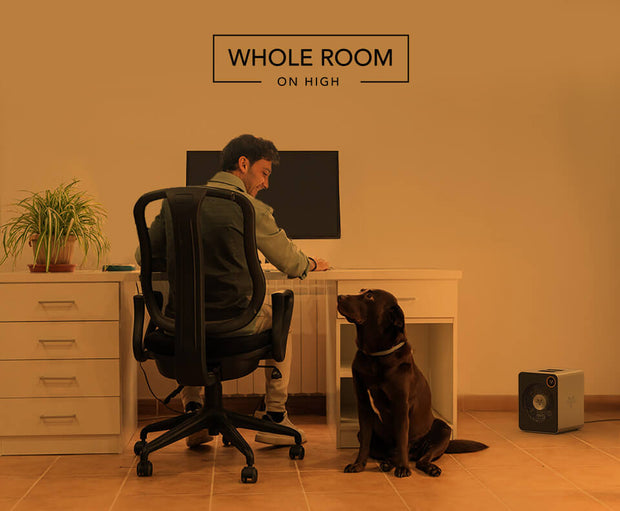 A man sitting at his desk with his dog at his feet. A VMHi600 heater is on the floor nearby. There is an orange overlay to indicate whole room heat.