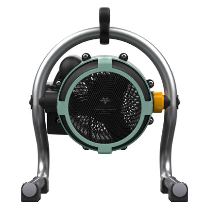 Portable heater with a metallic frame and black mesh design on a white background