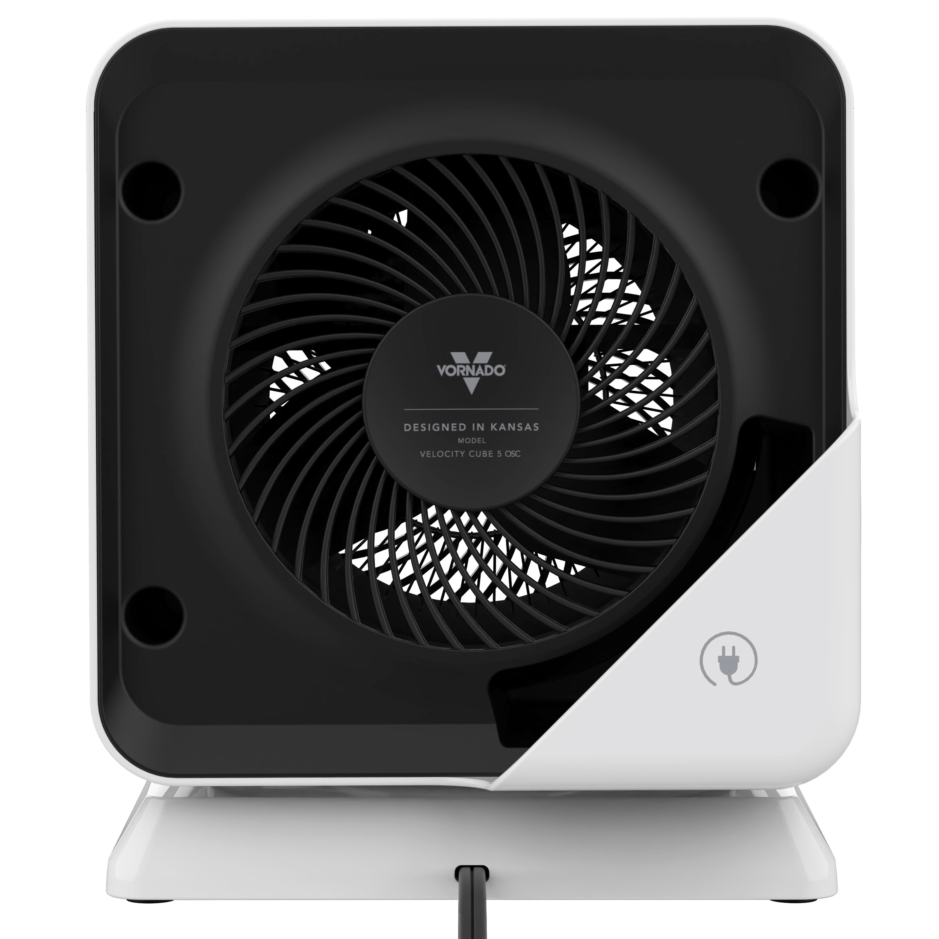 Black and white heater with Vornado logo on a white background