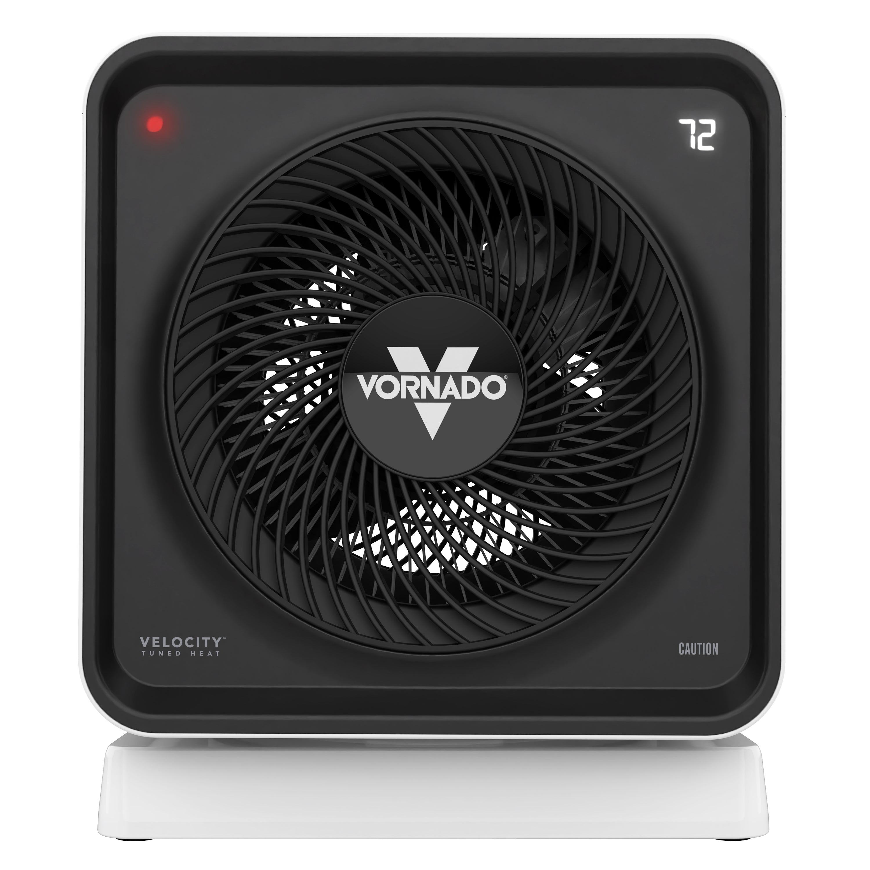 White Vornado heater with digital display on a white background