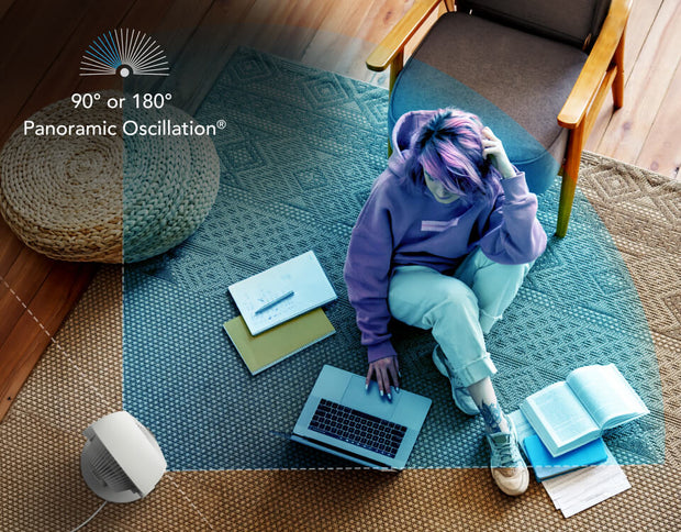 Person sitting on a rug with a laptop as Vora 8's Panoramic Oscillation' in use.