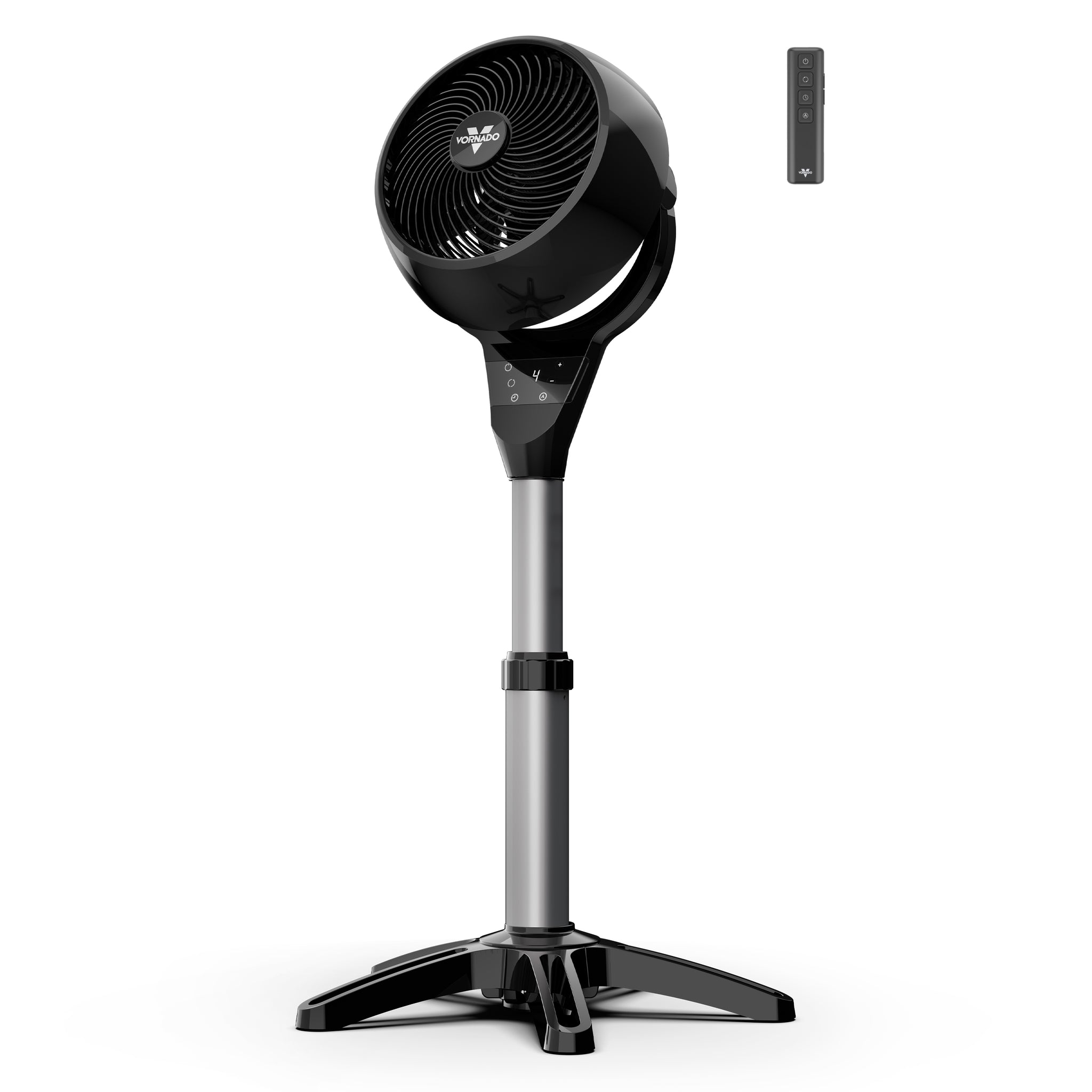 Vornado oscillating pedestal fan in black featuring an adjustable pedestal, digital controls, and remote control.