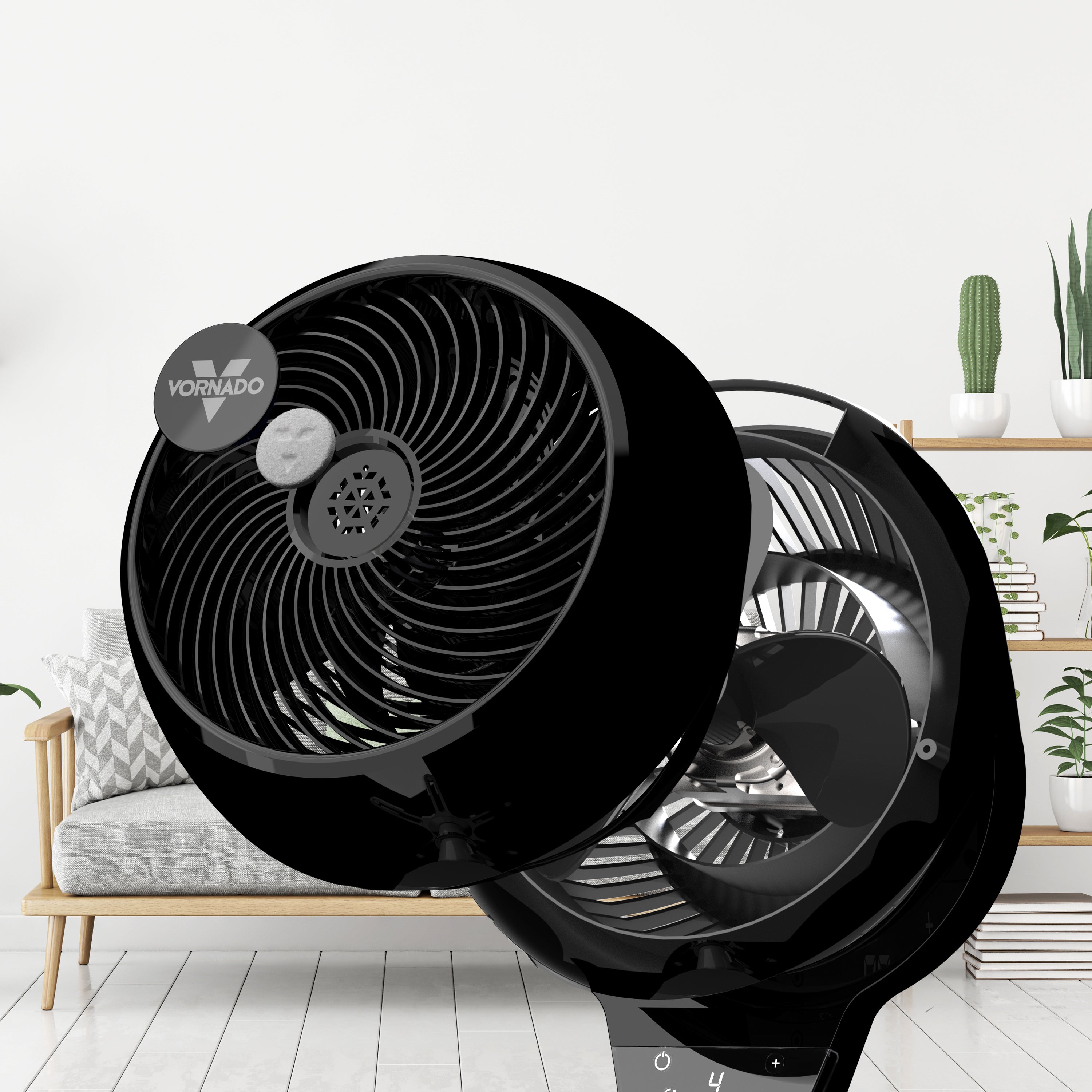 Vornado 6803 OSC pedestal air circulator with the front grille removed to show the easy-to-disassemble design for cleaning.