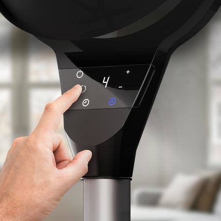 Digital control panel on the Vornado 6803 OSC pedestal air circulator featuring speed controls, oscillation, timer and Auto mode.