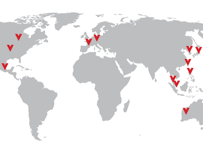 Grey map of the world with a red v marking where Vornado is is. 2 locations in North America, 1 in South America, 2 in Europe, 1 in Australia, and 7 spread about Asia