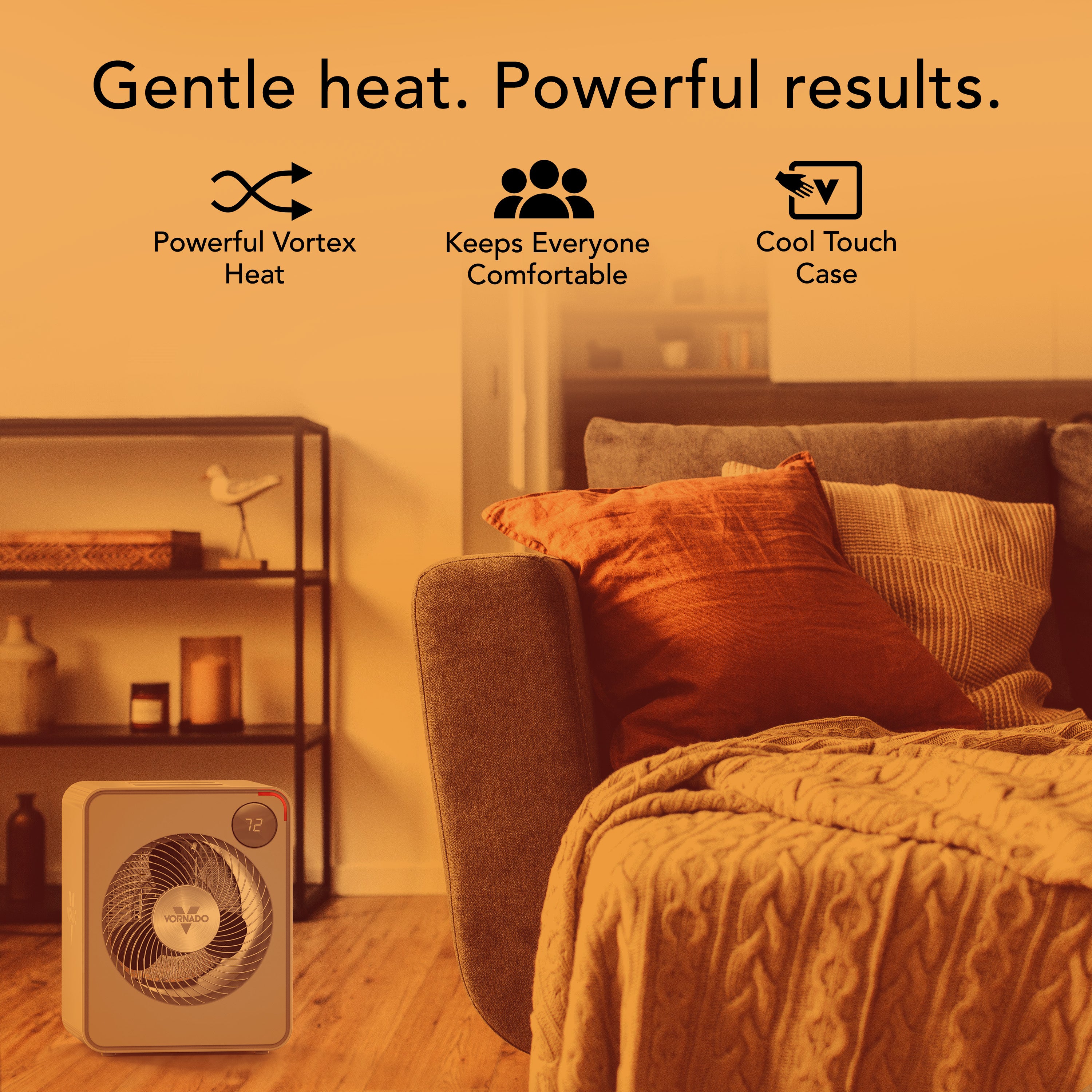 Space heater with text 'Gentle heat. Powerful results.' in a living room setting.