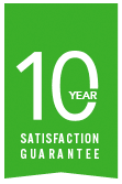 A green warranty icon that says 10 Year Satisfaction Guarantee