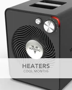 A vornado heater with a text banner that says Heaters Cool Months