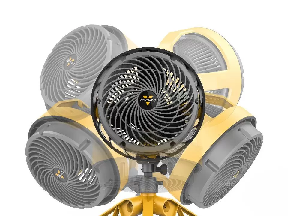 Example of EXO5 heavy duty small air circulator showing the different ways the head can pivot and tilt.