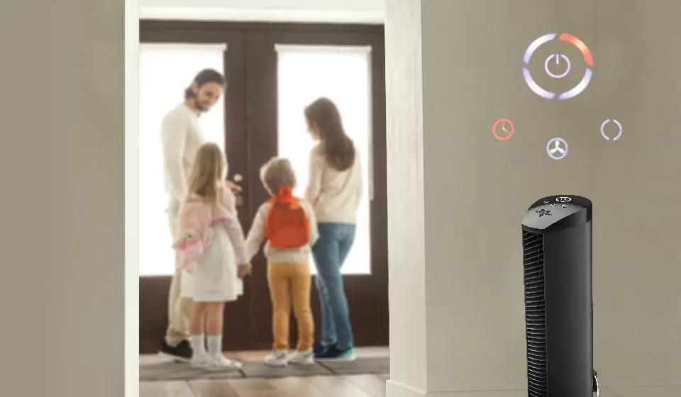 lifestyle of OSCR37 Oscillating tower circulator in a room with graphics of the controls floating above it. In the background, a family is about the leave the house, indicating that the tower is on a timer and will shut off.