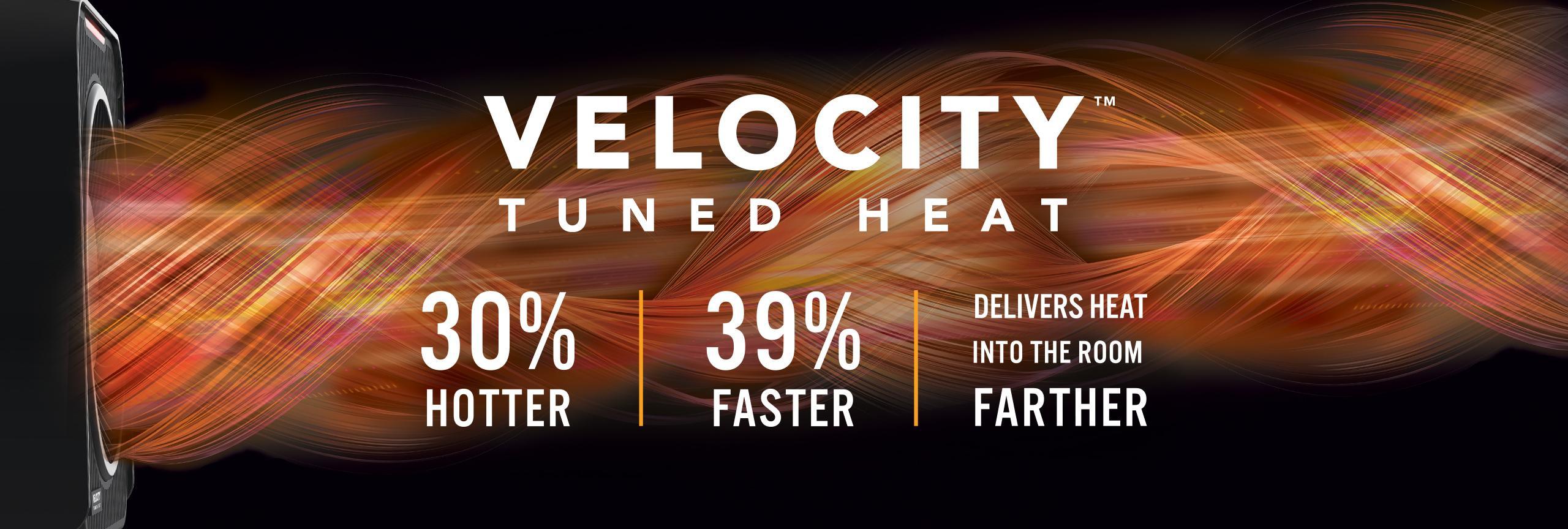Graphic banner of a Velocity 1 personal heater blowing out hot air indicated by orange and red swirls. The banner says Velocity Tuned Heat 30% Hotter, 39% Faster Delivers Heat Into the Room Farther