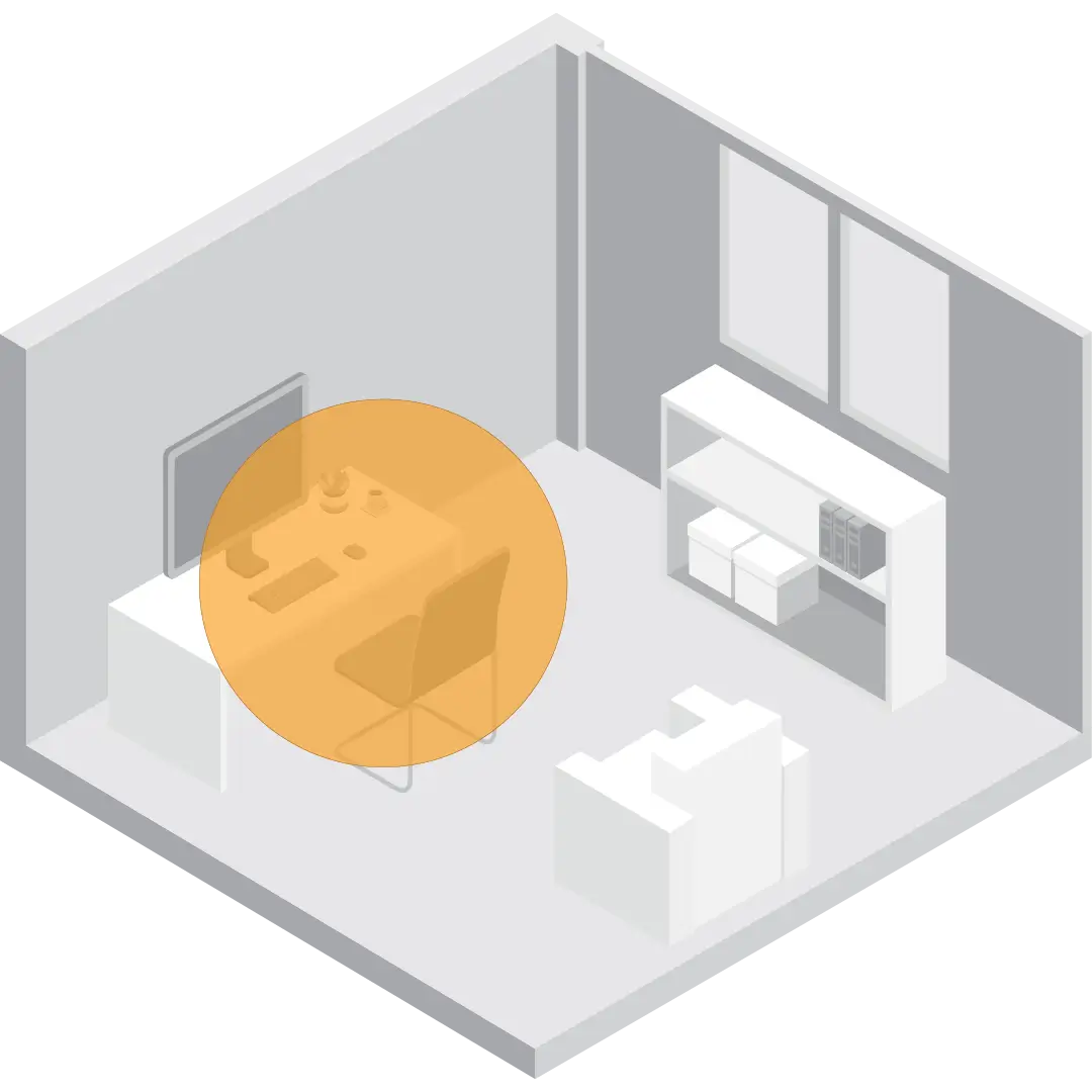 A graphic showing a Vornado Personal heater air circulation area with a orange circle in a room