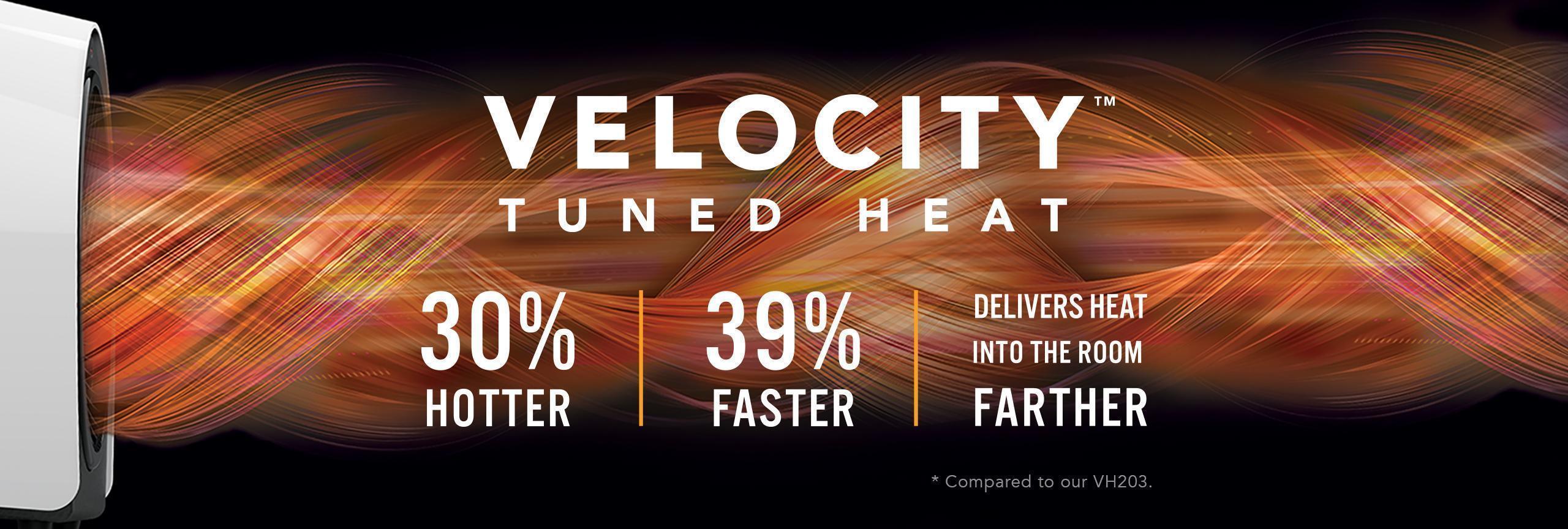 Graphic banner of a Velocity 1R personal heater blowing out hot air indicated by orange and red swirls. The banner says Velocity Tuned Heat 30% Hotter, 39% Faster Delivers Heat Into the Room Farther *compared to our VH203