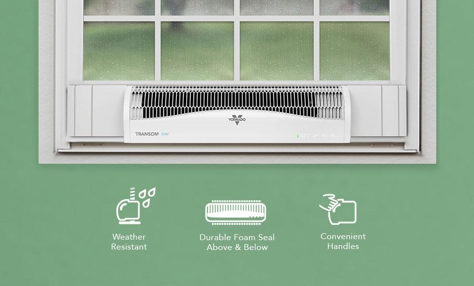 TransomAE Air Circulator in a window with raindrops. Below is the following text with supporting icons, all in white: Weather Resistant, Durable Foam Seal Above & Below, Convenient Handles