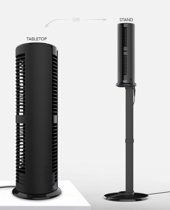 Vornado ATOM 2S AE Compact Oscillating Tower Circulator showing the tabletop and stand options.