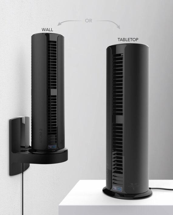 Vornado ATOM 2 AE Compact Oscillating Tower Circulator showing the tabletop and wall mount options.