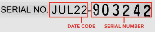 Example label with date code and serial number highlighted 