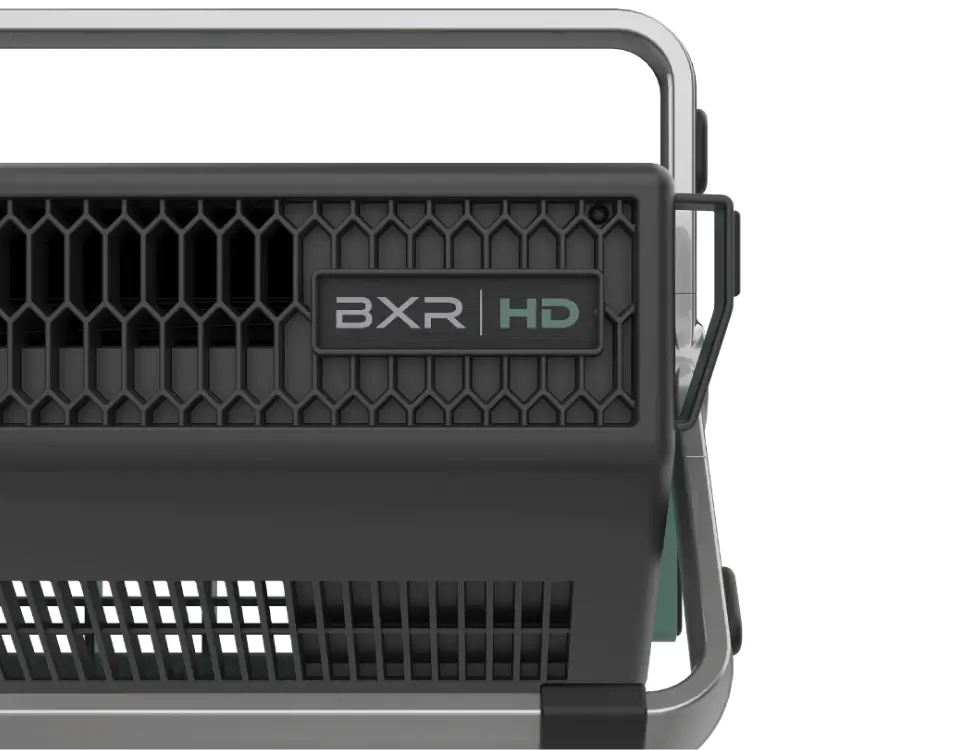 Closeup of BXR HD back panel, showing off the BXR HD logo