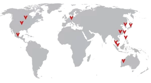 Grey map of the world with a red v marking where Vornado is is. 2 locations in North America, 1 in South America, 1 in Europe, 1 in Australia, and 7 spread about Asia