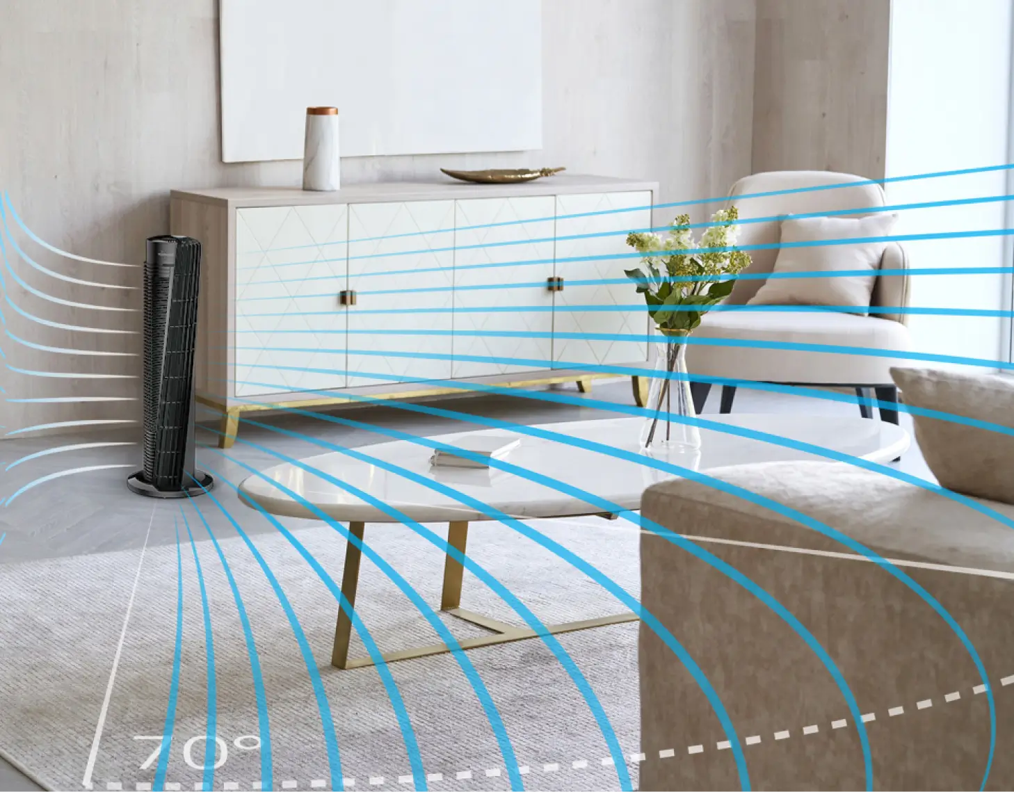 An image showing the OSC54 tower fan's V flow. OSC54 is in a beige room with a low cabinet, a cream chair and a white table with flowers on it. There are white and blue waves along with a dotted curved line that says 70 degrees to show the flow of the oscillation.