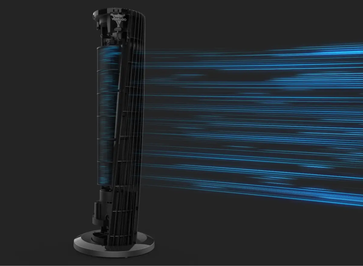 A 3D rendered image of the OSC54 tower fan against a dark gray background. The 3D render shows the inside of the tower fan with streaks of blue lines curving inside and flowing out to indicate the speed of the airflow.