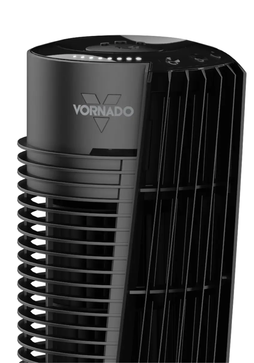 Closeup image of OSC54 Tower fan's top section. The tower fan is black with the Vornado logo