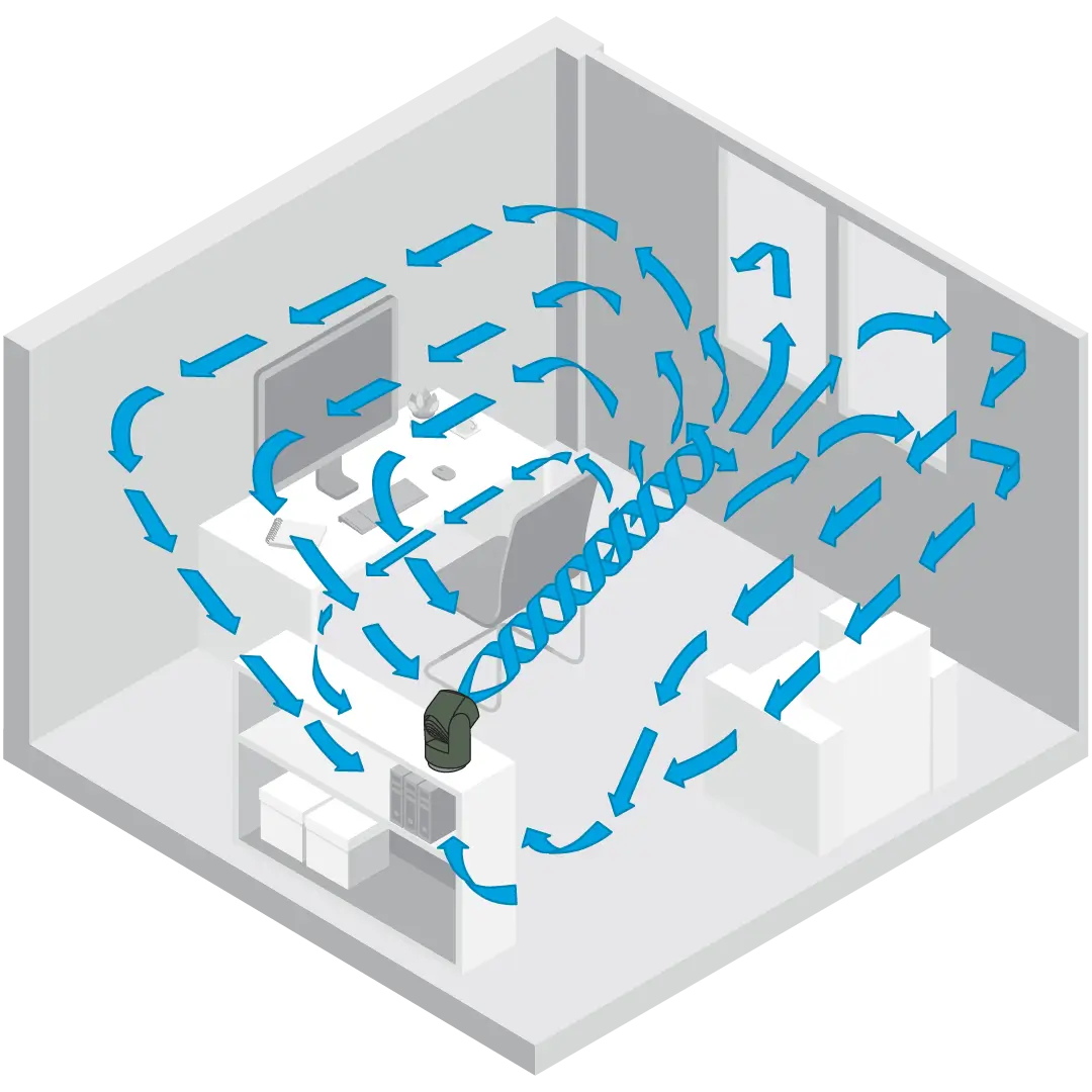 Graphic showing Vornado Flippi Whole Room air circulation with blue arrows showing the air circulation in a room.