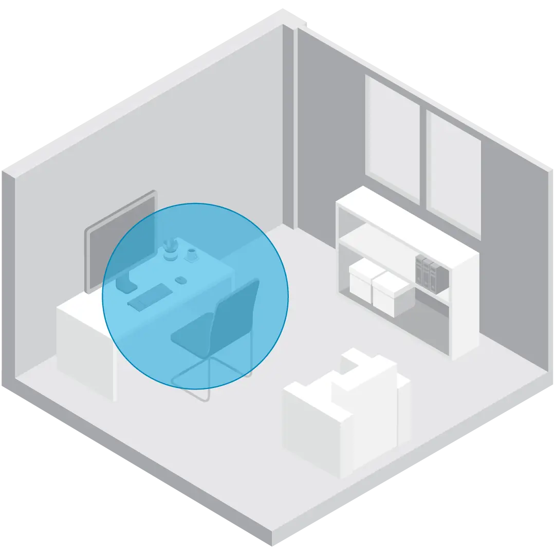 A graphic showing a Vornado Personal Fan air circulation area with a blue circle in a room