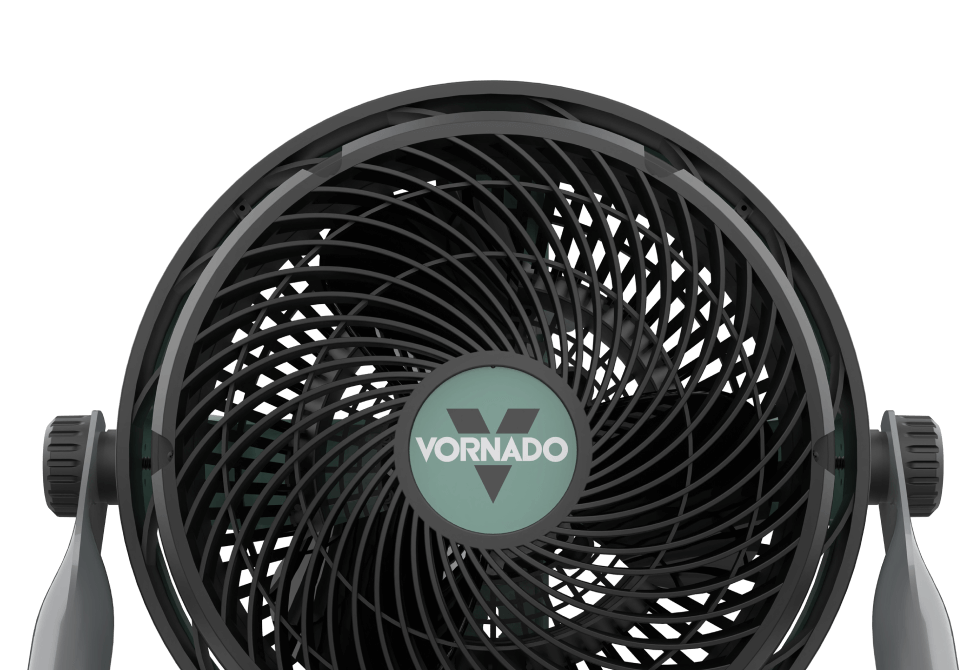 Closeup of EXO61 HD fan prominently showing off the Vornado Logo