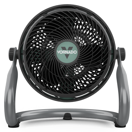 Front facing image of the EXO61 HD Fan. The fan is circular with a black grill and dark fan blades. In the center is a mint green circle with a black and white vornado logo. The fan is supported by a steel base that is attached the the sides.