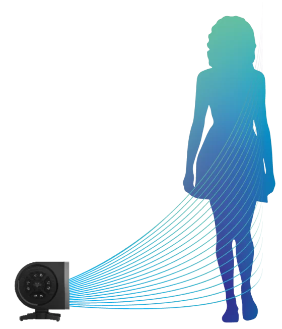 graphic of Strata compact oscillating tower fan and a blue-green gradient silhouette of a woman. Strata has lines coming out of it and going towards the silhouette