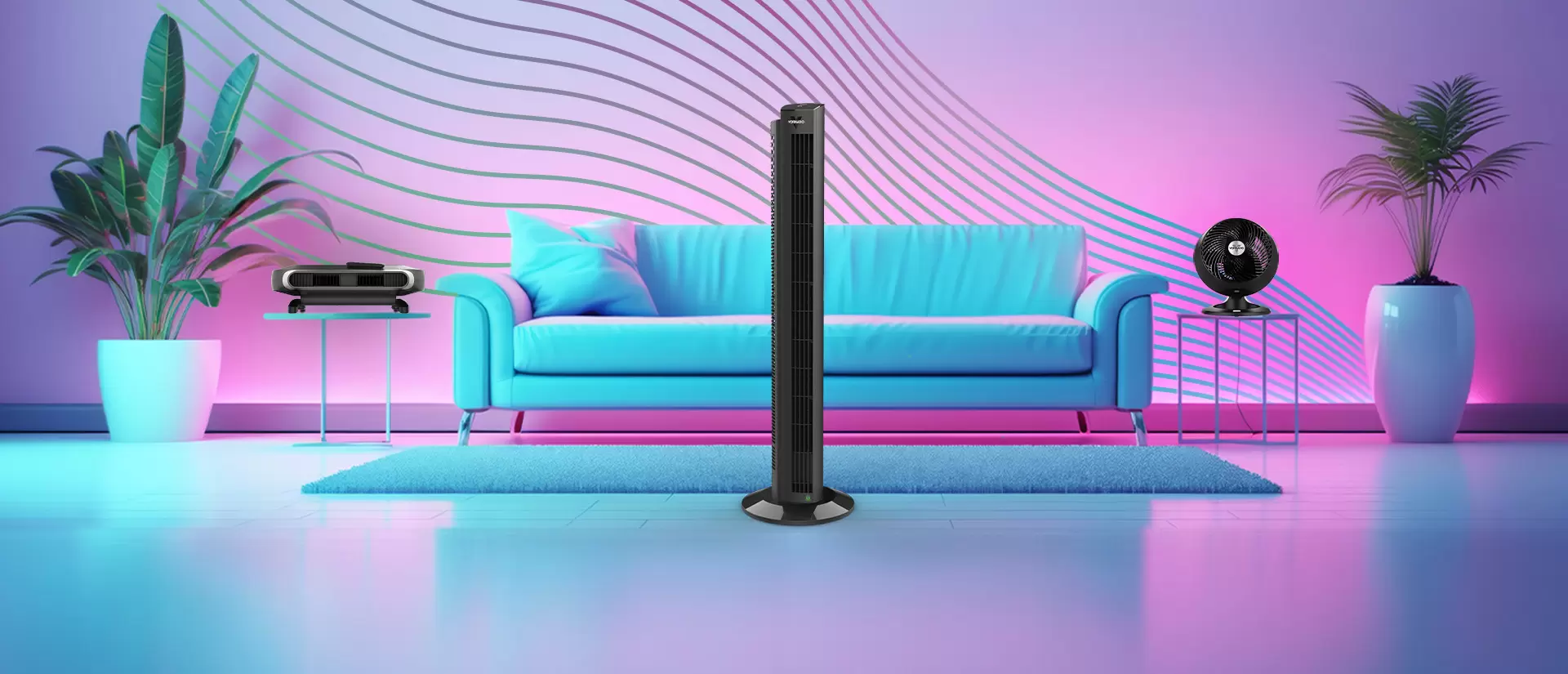 Lifestyle image of a living room with a black AXL Oscillating Circulator, OZI42DC Energy-Saving Tower Circulator, and 660 AE Alexa-Enabled Floor Circulator. The living room has a neon pink-purple gradient with a bright blue couch and rug with tropical plants. The products are prominently featured.