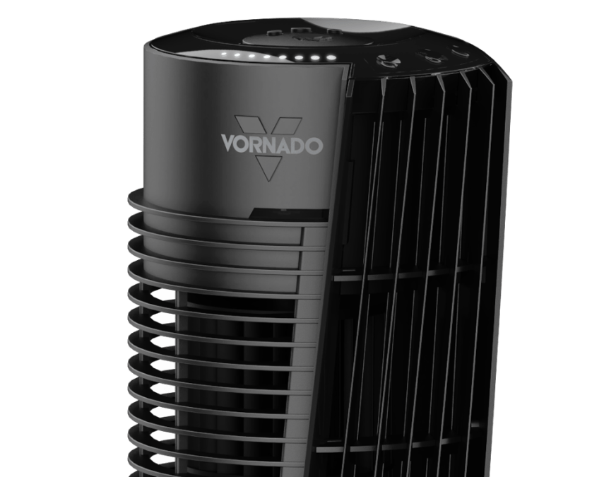 Close up image of OSC54 Tower fan's top section. The tower fan is black with the Vornado logo