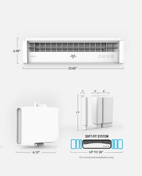 Portal White Blocks graphic showing unit height of 6.58", length of 23.85", and depth of 6.12" as well as the block height of 7.7" for the 1", 2", and 4" mounting blocks.