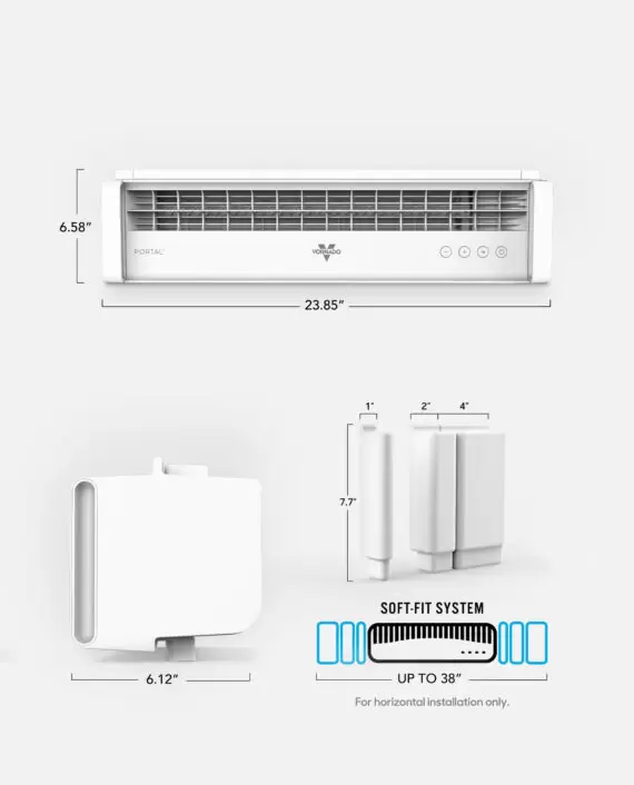 Portal White Blocks graphic showing unit height of 6.58", length of 23.85", and depth of 6.12" as well as the block height of 7.7" for the 1", 2", and 4" mounting blocks.