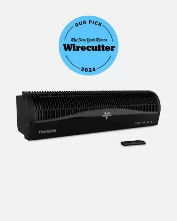 Black Trasnsom Window Air Circulator with The New York Times Wirecutter Our Pick 2024 blue badge.