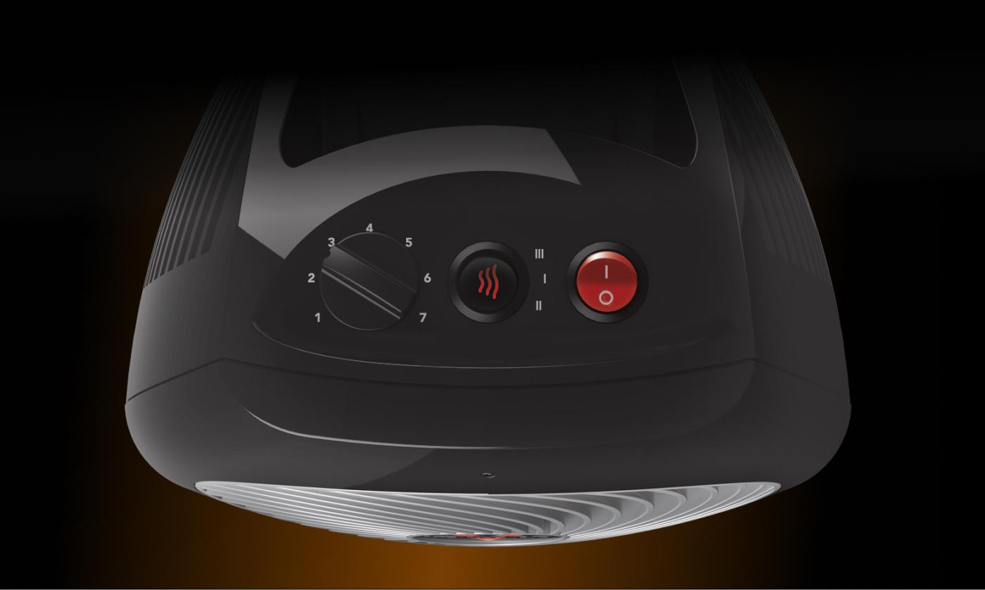 Top view of MVH heater showing the mechanical thermostat dial, 3 heat settings, and power button.