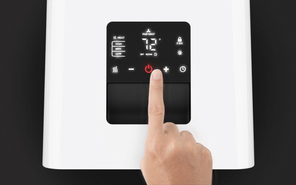 Top view of Velocity Cube 5S Control panel with a finger hovering by the power button.